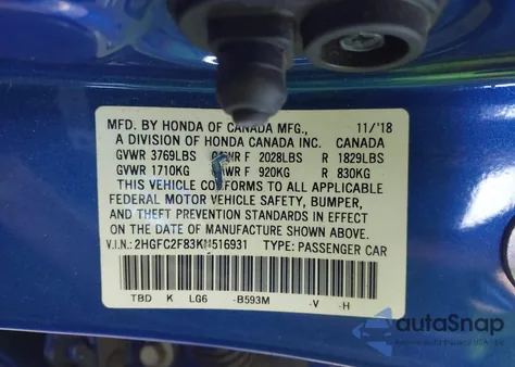 2019 Honda Civic Sport from USA, damaged, VIN 2HGFC2F83KH516931